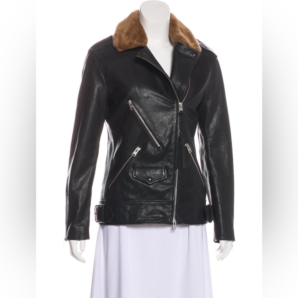 SOLD // All Saints Sherwood Leather Biker Jacket w/ Faux Fur Trim Size Small - Picture 4 of 14